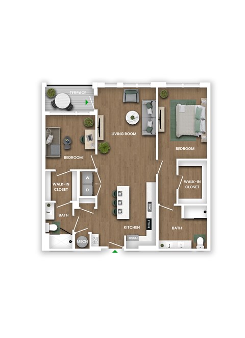 A floor plan of a house with a living room, two bedrooms, a kitchen, a bathroom, a terrace, and a walk-in closet.